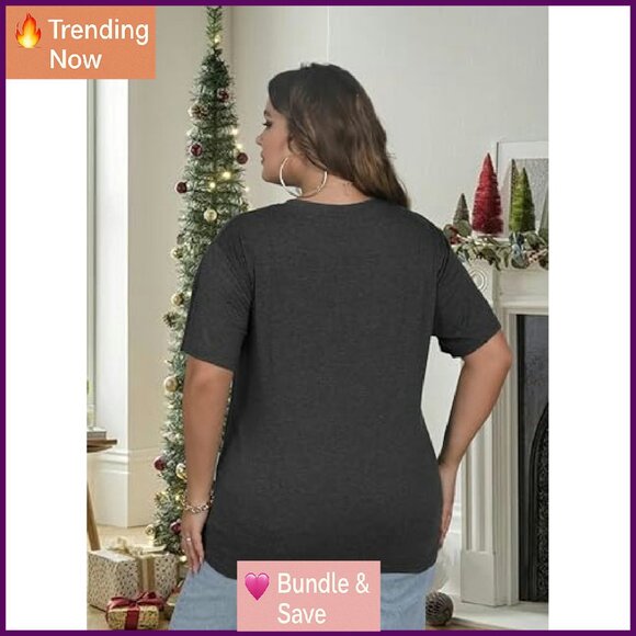 Plus Size Christmas Graphic Tee Short Sleeve Cotton Spandex Top Holiday Party - Picture 6 of 6